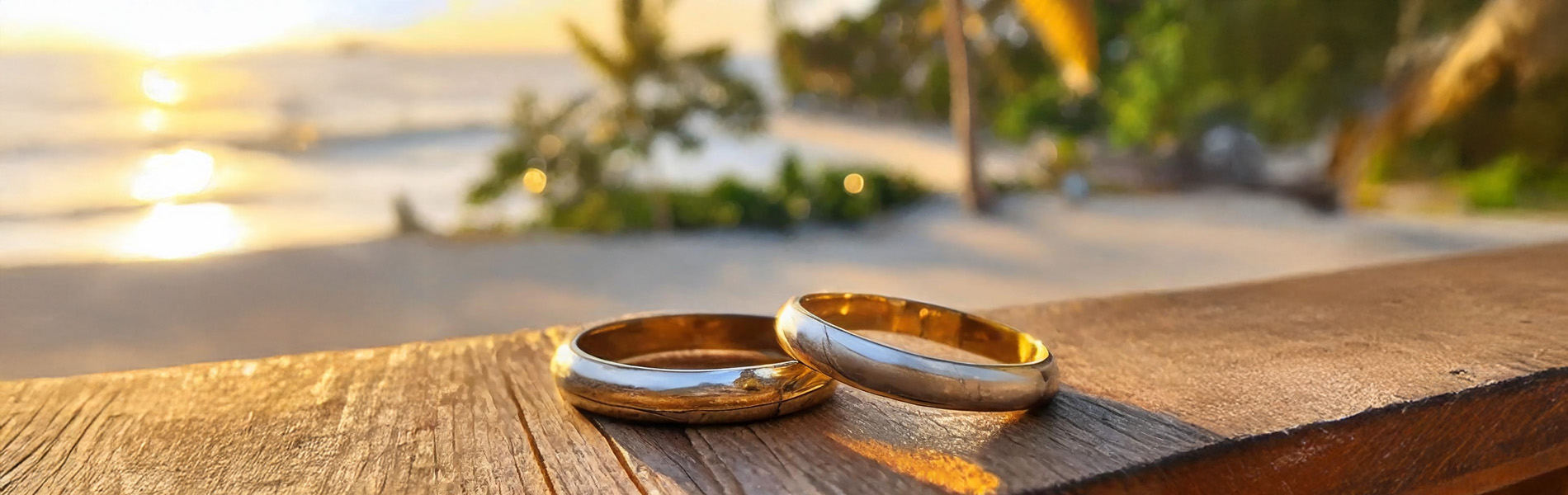 Zwei Ringe liegen auf einem Geländer. Im Hintergrund ist ein Palmenstrand in der Abendsonne zu sehen.
